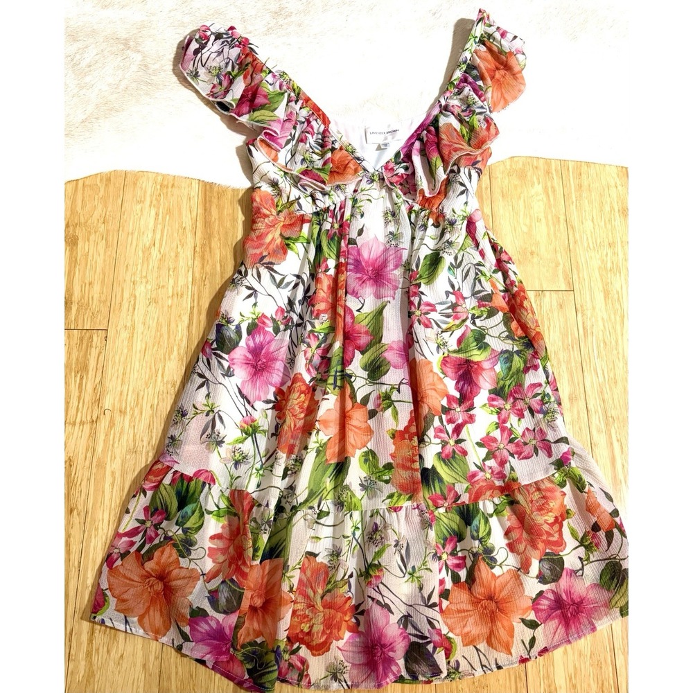 Lavender Brown‎ womens floral dress V-Neck Ruffles Beautiful Print Size XS